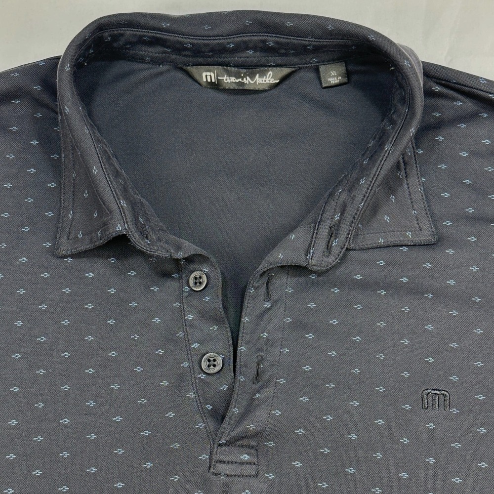 TravisMathew Mens XL Polo Shirt Navy Blue Geometric Diamond Print Short Sleeve